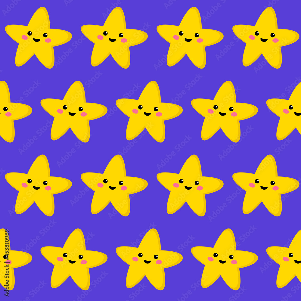 Cute cartoon stars with faces seamless vector night pattern on a violet background