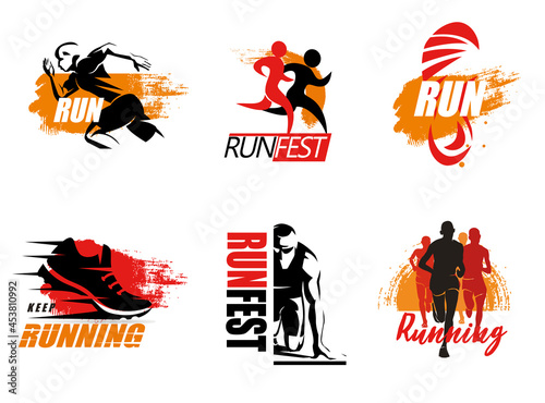run and running peole logo template collection  stylized emblems