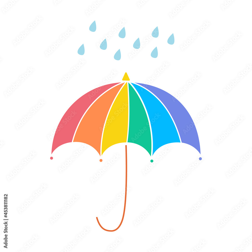 Cute vector rainbow umbrella with drops illustration. Rainy weather doodle