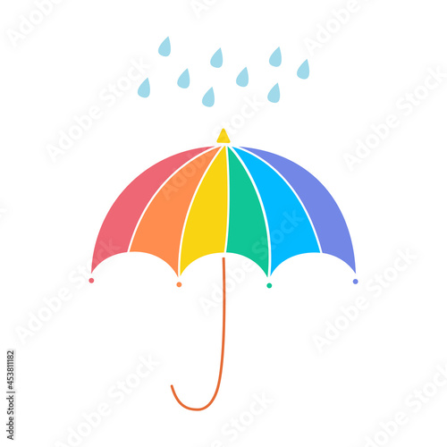 Cute vector rainbow umbrella with drops illustration. Rainy weather doodle