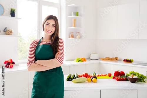 Photo of pretty charming house wife wear green apron smiling arms folded indoors room home house