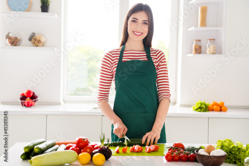 Photo of cute adorable housewife dressed green apron cutting fresh vegetables smiling indoors house room home © deagreez