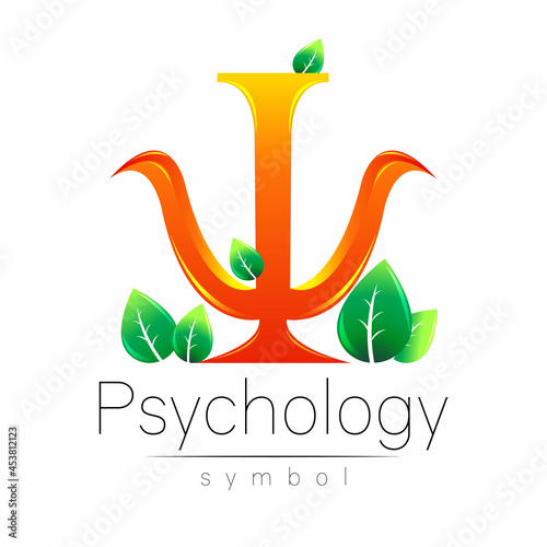 Modern Vector logo of Psychology Orange Letter Psi with Leaves in Creative style. Logotype in vector. Design concept. Brand company. Isolated on white background.