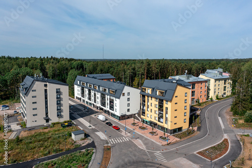 Aerial view of the brand new neighborhood Kalliolahde of Espoo, Finland. The new apartment buildings. Modern Nordic Architecture.