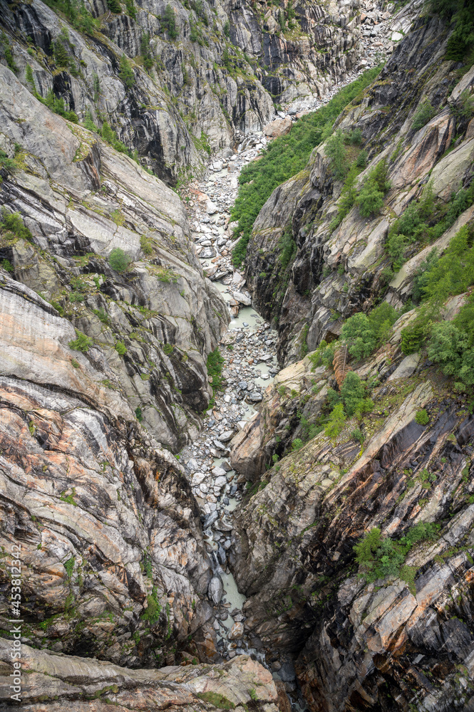 view from impressive Aspi-Titter suspension bridge between Bellwald and Fiesch in Valais