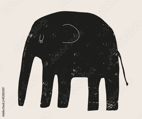 Cute Hand Drawn Nursery Vector Illustration with Big Elephant ideal for Card, Poster, Wall Art. Lovely Childish Style Art with Black Elephat on a Beige Background. Kids Room Decoration. Safari Print.