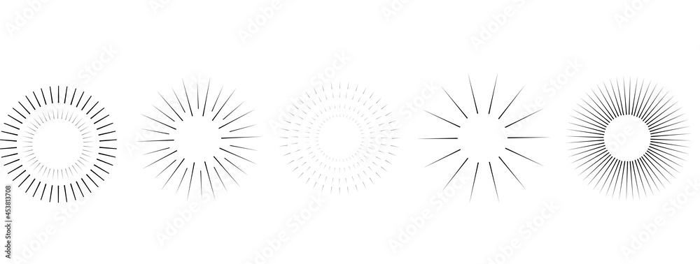 Sunbeams line set. Sun flashes, black round and semicircular icons. Explosion sparks, pattern. Glow effect.Decorative objects of linear contour. Vector illustration Sunbeams line set. Sun flashes, black round and semicircular icons. Explosion sparks, pattern. Glow effect.Decorative objects of linear contour. Vector illustration