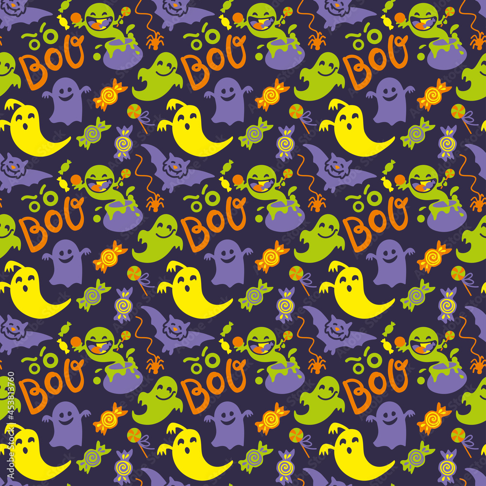 Halloween pattern, funny ghosts and sweets Halloween pattern, funny ghosts and sweets