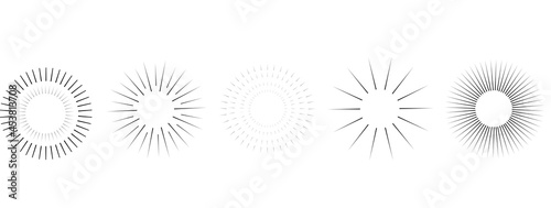 Sunbeams line set. Sun flashes, black round and semicircular icons. Explosion sparks, pattern. Glow effect.Decorative objects of linear contour. Vector illustration	