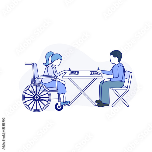 Children study at school. A girl in a wheelchair and a boy are sitting at the same table. Concept of social inclusion and inclusive education. Inclusion and diversity. Vector flat linear illustration