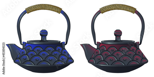 Traditional cast iron teapot. Black teapot for the Asian tea ceremony. Red and blue patina on black cast iron. 