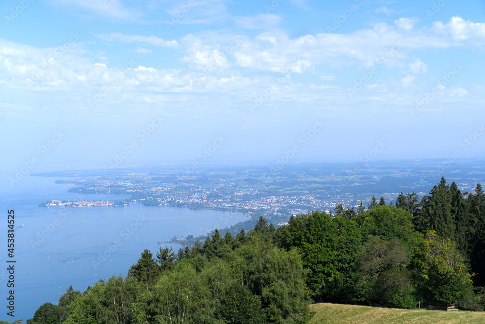 Aerial view of Lake Bodensee with peninsula Lindau (Germany) seen from local mountain Pfänder. Photo taken August 15th, 2021, Bregenz, Austria.