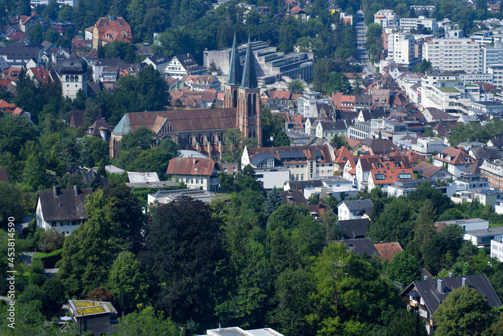 Aerial view of Bregenz seen from local mountain Pfänder on a sunny summer day. Photo taken August 15th, 2021, Bregenz, Austria.