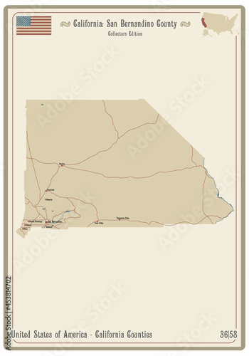 Map on an old playing card of San Bernardino county in California, USA. photo