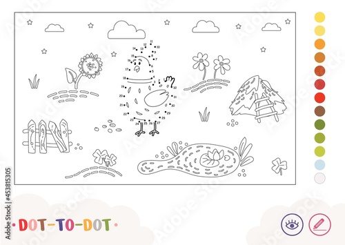 Cartoony dot-to-dot chicken walking on countryside farm birdyard. Contour preschool kids coloring book. Colorless image of domestic animal with possible colors palette.