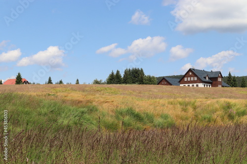 Meadow with mountain cottages, settlement in Jizerka, mountain landscape