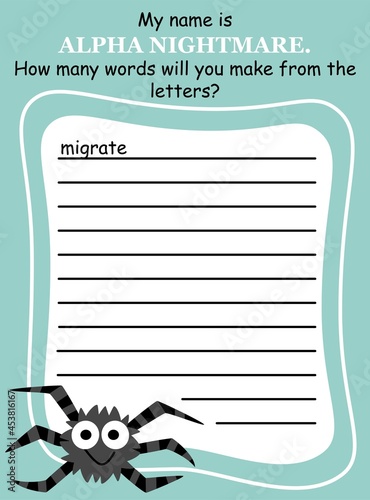 Halloween word game with spider for kids in English vector illustration. Help cute spider to create as many words from his names letters as you can. Handwriting and scrabble activity page for children