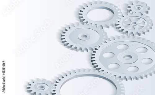 Background for a presentation on mechanics. Mechanical gears. The gears are cylindrical. Abstract vector illustration of a set of gears engaged on a light background.
