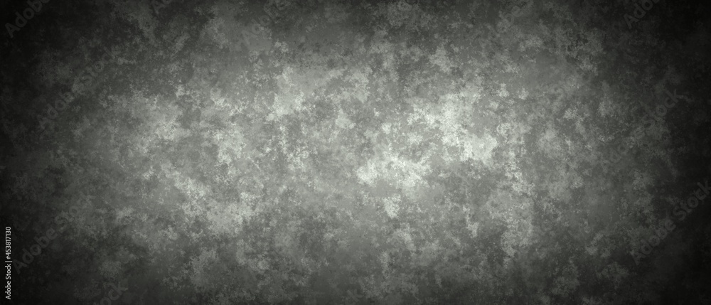 Abstract background in gray and black colors with shaded edges. Marbled noisy texture.