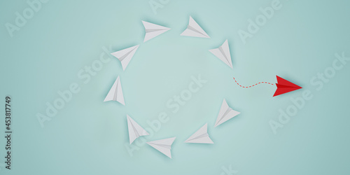 Fényképezés Disruption and technology transformation concept , Red paper airplane move out from circle white paper airplane on blue background by 3d render