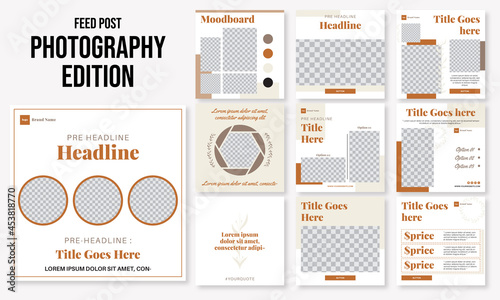 Set of editable social media instagram post photography, photographer, wedding with beiges color and nature design vector template ai & eps 10