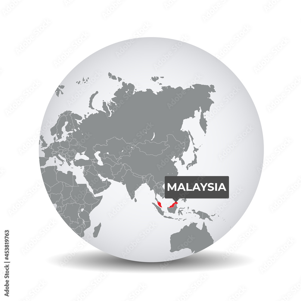 World Globe Map With The Identication Of Malaysia Map Of Malaysia