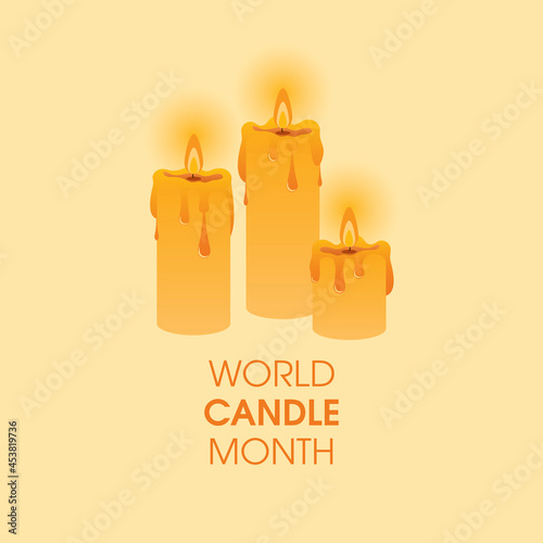 World Candle Month vector. Yellow burning candles vector. Wax burning candles isolated on a yellow background