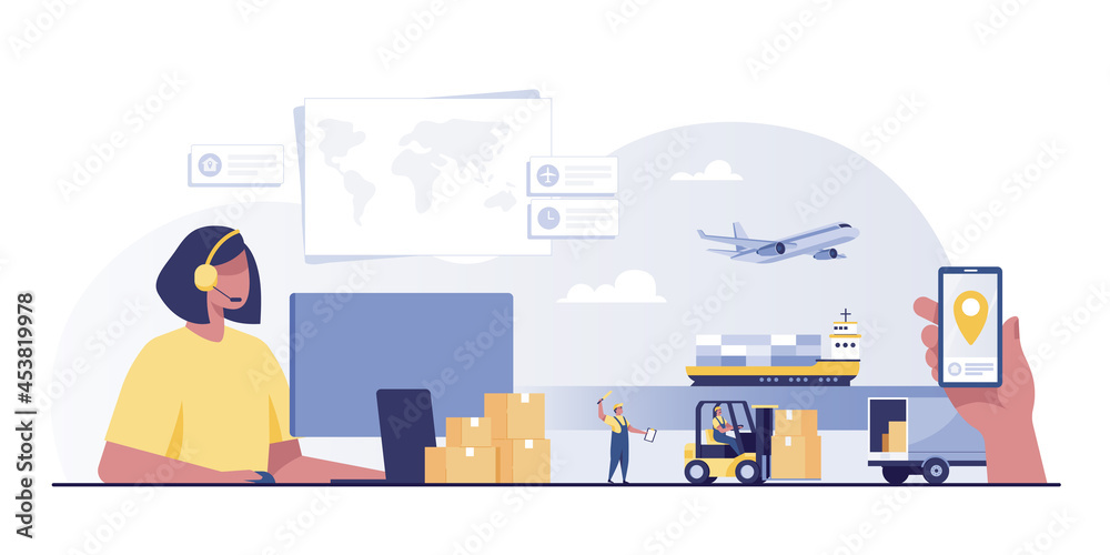 International Shipping service.  Global logistics delivery network. Worldwide Parcel Services.  vector illustration - obrazy, fototapety, plakaty 