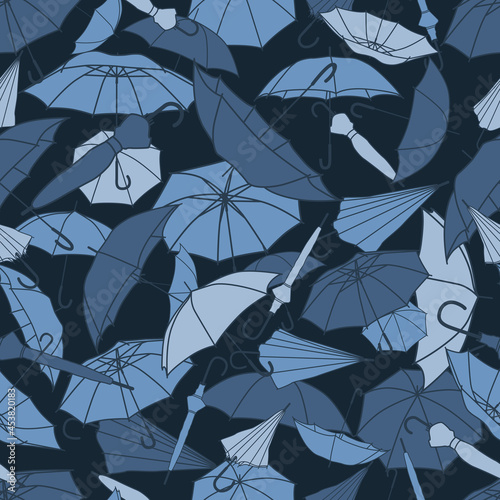 Seamless vector camouflage pattern with blue abstract silhouettes of umbrellas.