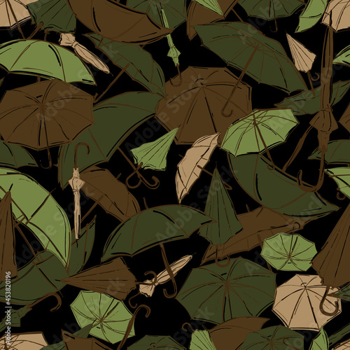 Green and brown camouflage pattern with umbrellas in sketch style.