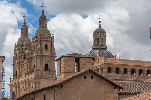 View at the baroque iconic top front facade and cdome copula at the La Clerecía building, Pontifical university at Salamanca (UPSA) © Miguel Almeida