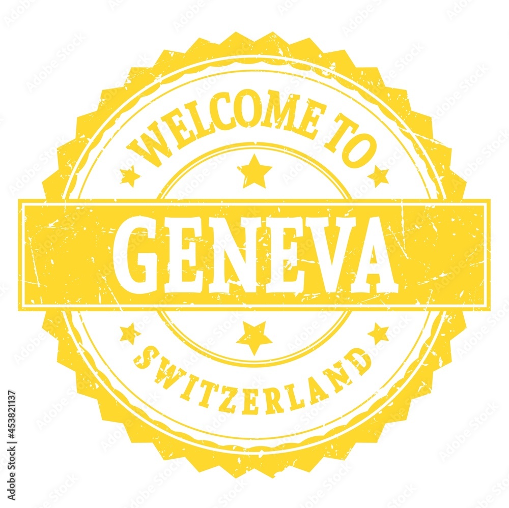 WELCOME TO GENEVA - SWITZERLAND, words written on yellow stamp