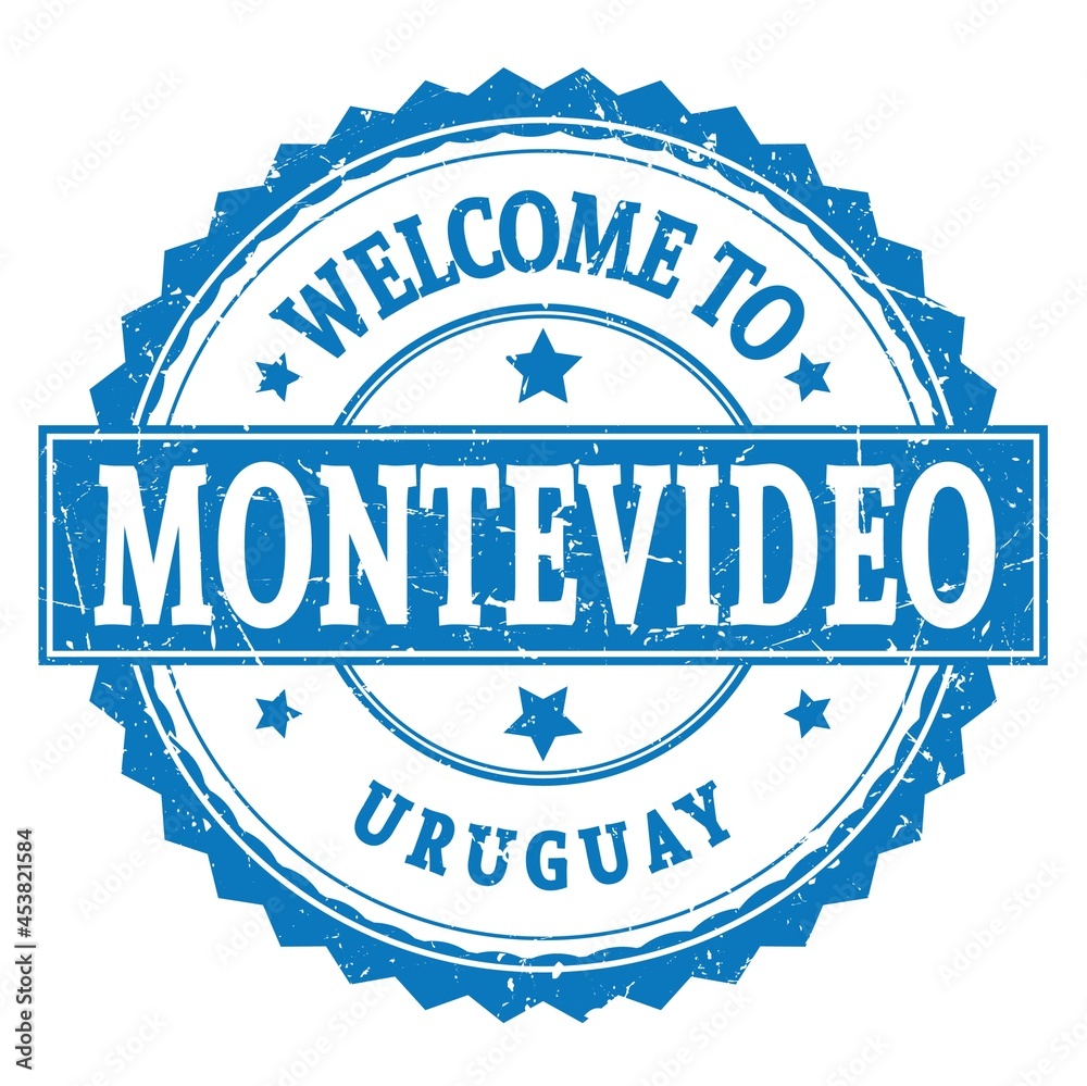 WELCOME TO MONTEVIDEO - URUGUAY, words written on blue stamp