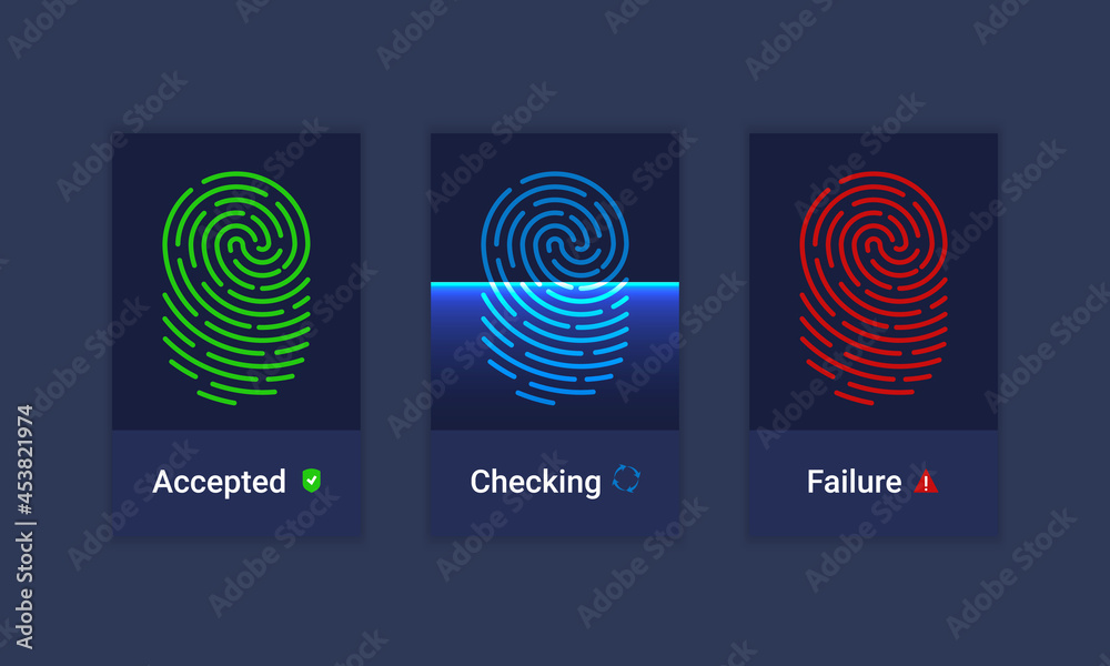 Vector set of fingerprint identification authorization system icons. Sci-fi technologies of the future. Biometric authorization and business security concept Vector set of fingerprint identification authorization system icons. Sci-fi technologies of the future. Biometric authorization and business security concept