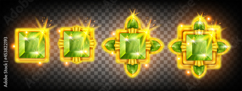 Game gem crystal assets set, UI diamond jewel stone rating achievement award design, winner badge. Gold treasure, green glowing brilliant reward, emerald user interface design kit. Game gem trophy