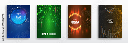 Modern science and digital technology concept. Vector template for brochure or cover with hi-tech elements background. Business layout, futuristic brochures, flyers, placards, presentation.