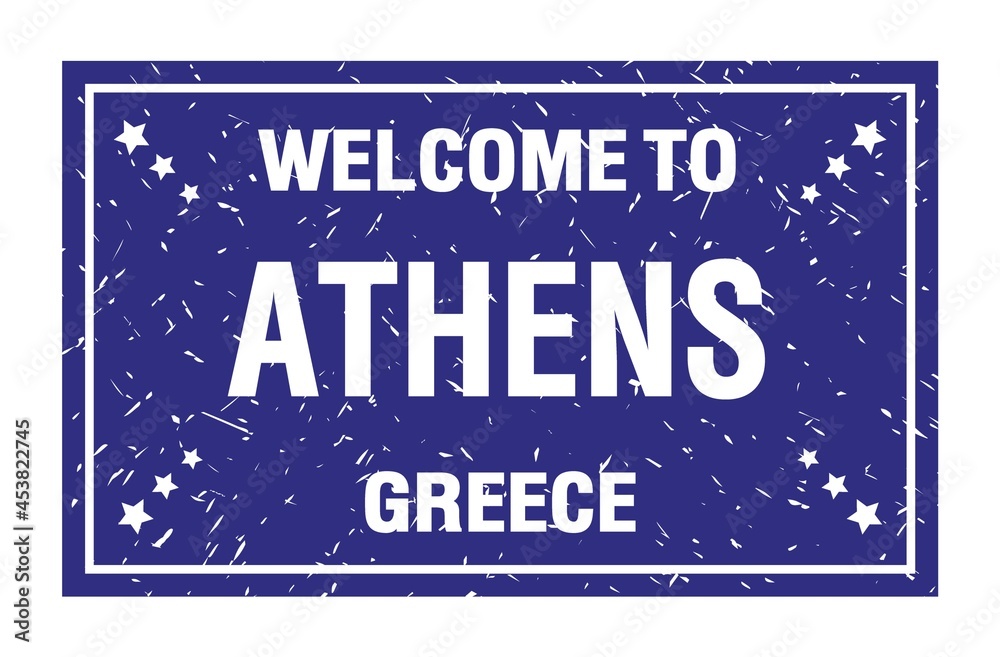 WELCOME TO ATHENS - GREECE, words written on dark blue rectangle stamp