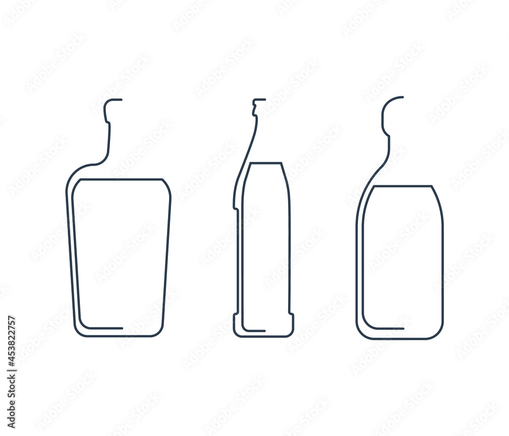 Bottle continuous line liquor, beer and tequila in linear style on white background. Solid black thin outline. Modern flat style graphic design. Logo element illustration. Contour drink symbol Bottle continuous line liquor, beer and tequila in linear style on white background. Solid black thin outline. Modern flat style graphic design. Logo element illustration. Contour drink symbol