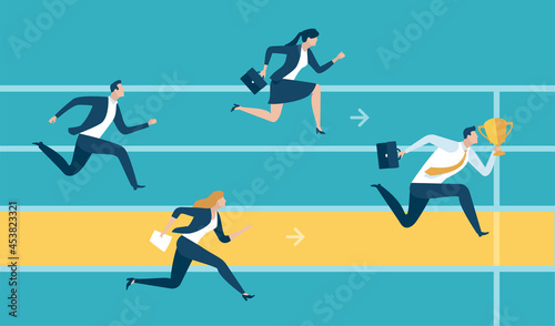 The Winner. Business Race. Business workers reached the finish line. Business vector illustration