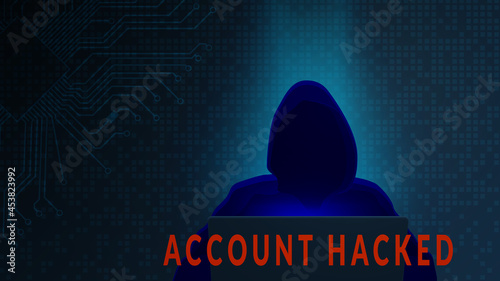 Account hacked concept with silhouette of hacker and computer on dark digital matrix background. Horizontal vector illustration.