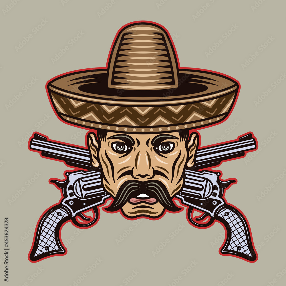 Mexican man head with mustache in sombrero hat and crossed guns vector ...