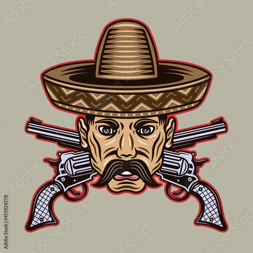 Mexican man head with mustache in sombrero hat and crossed guns vector illustration in colorful cartoon style isolated on light background