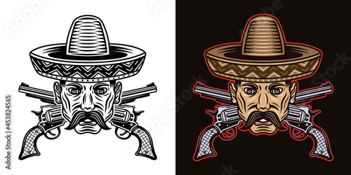 Mexican man head with mustache in sombrero hat and crossed guns vector illustration in two styles black on white and colorful on dark background