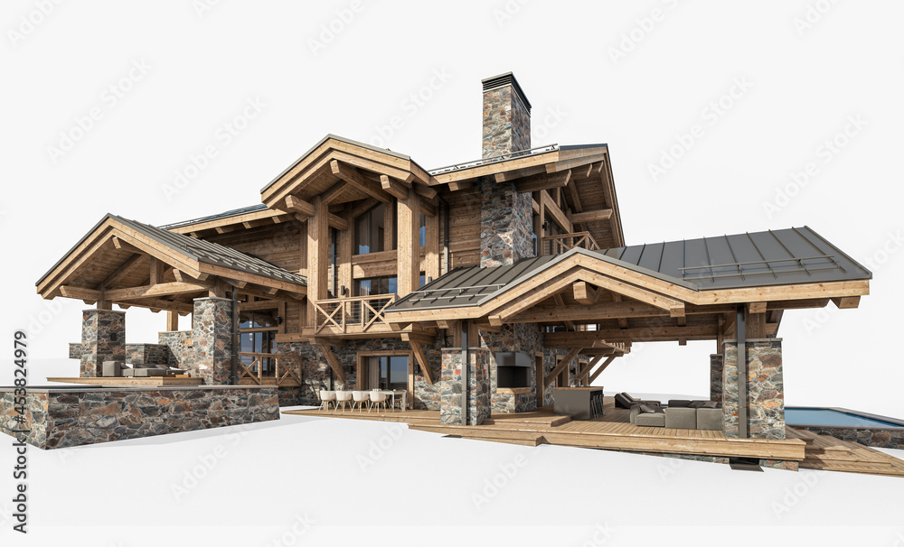 3d rendering of modern cozy chalet with pool and parking for sale or rent. Massive timber beams columns. Clear sunny summer day. Isolated on white