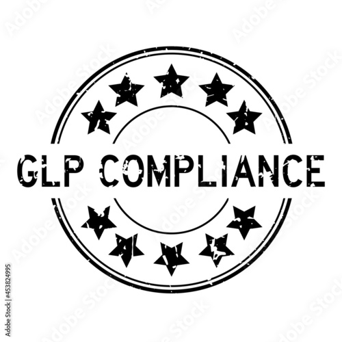 Grunge black GLP (Abbreviation of Good laboratory practice) compliance word with star icon round rubber seal stamp on white background