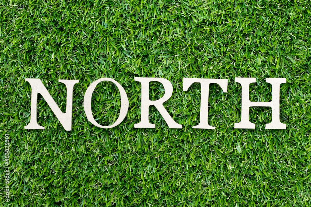 Wood alphabet letter in word north on green grass background