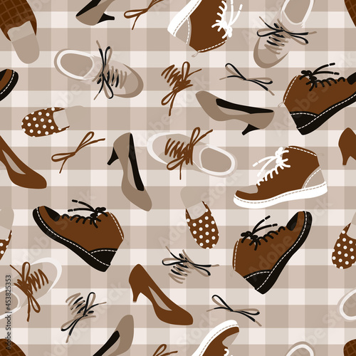 Seamless background of brown different shoes. Vector illustration