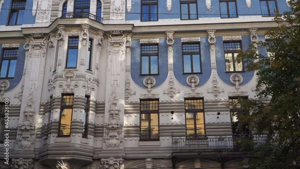 Art Nouveau building facade at Elizabetes Street 10b in Riga, Latvia. The project of architect Mikhail Eisenstein implements in 1903. Outstanding examples of historical architecture in Europe.