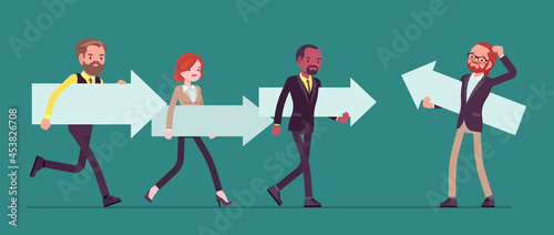 Business people, majority and minority in social group, opposite direction. Man thinking to change his view, ideas, find different way, new course, management or life guidance. Vector illustration