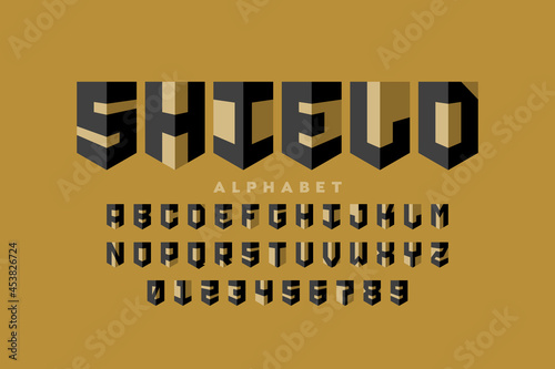 Shield style font design, security, protection theme alphabet letters and numbers, vector illustration